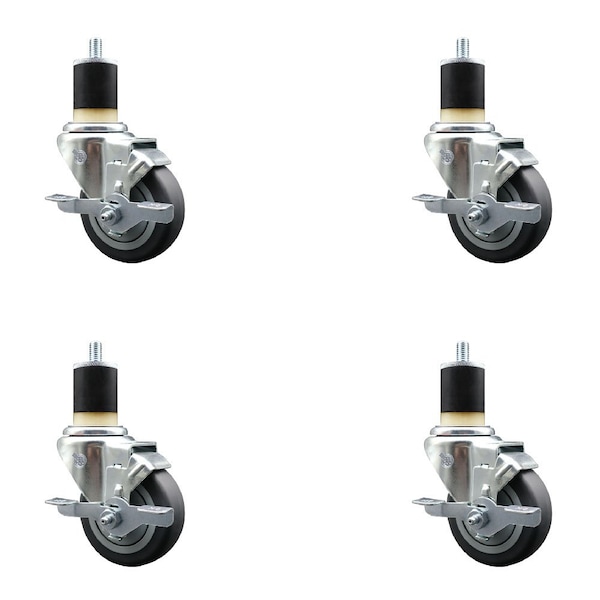 3.5'' Thermoplastic Rubber Swivel 1-7/8'' Expanding Stem Caster Set with Brake, 4PK